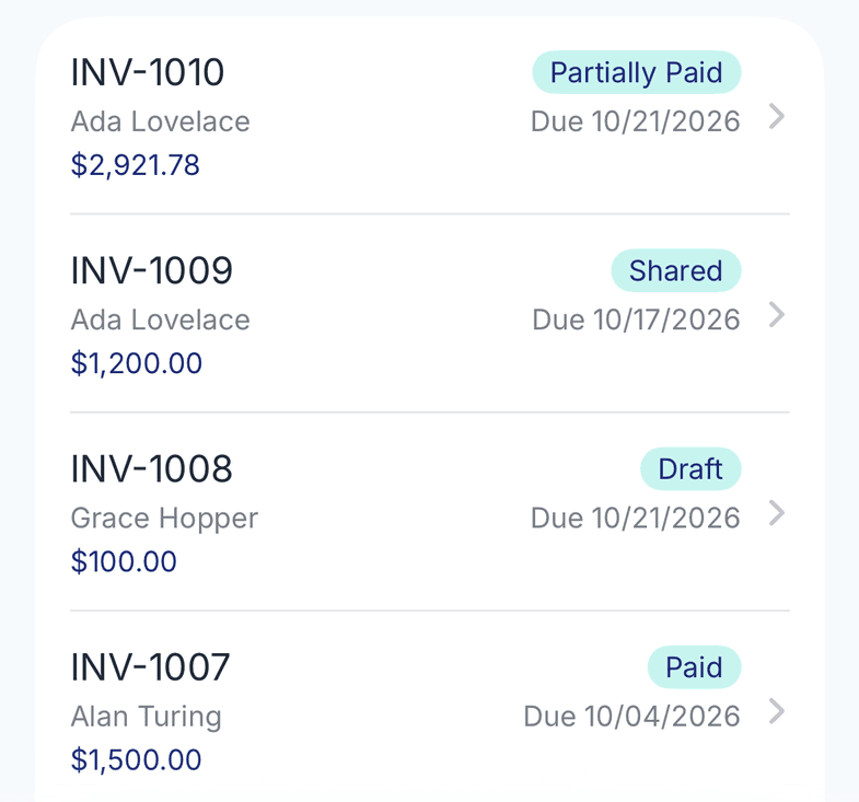 The Invoixy invoice list with Partially Paid, Shared, Draft and Paid badges