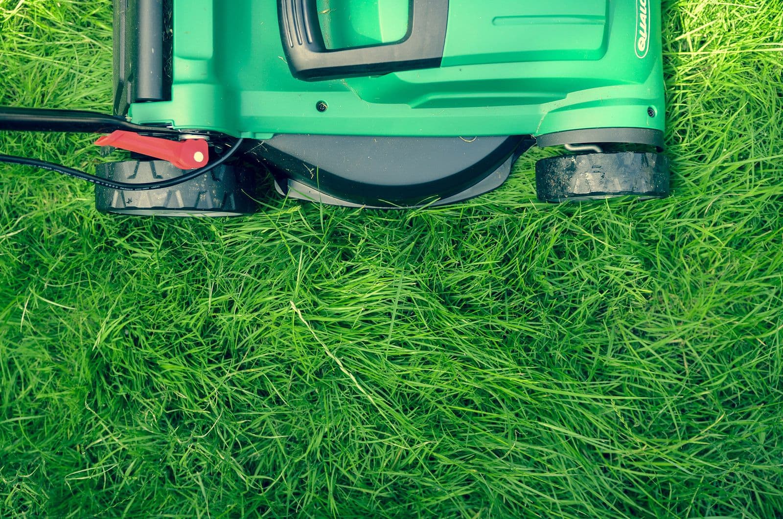 A green lawn mower on freshly cut grass