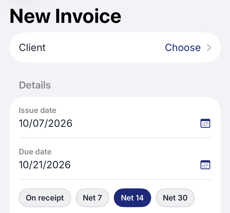 Invoixy's New Invoice screen: client, issue date, due date and Net 14 terms
