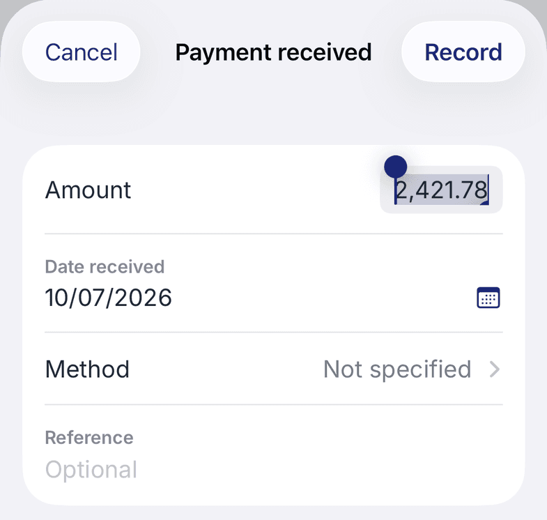 Invoixy's Payment received sheet: amount, date received and method